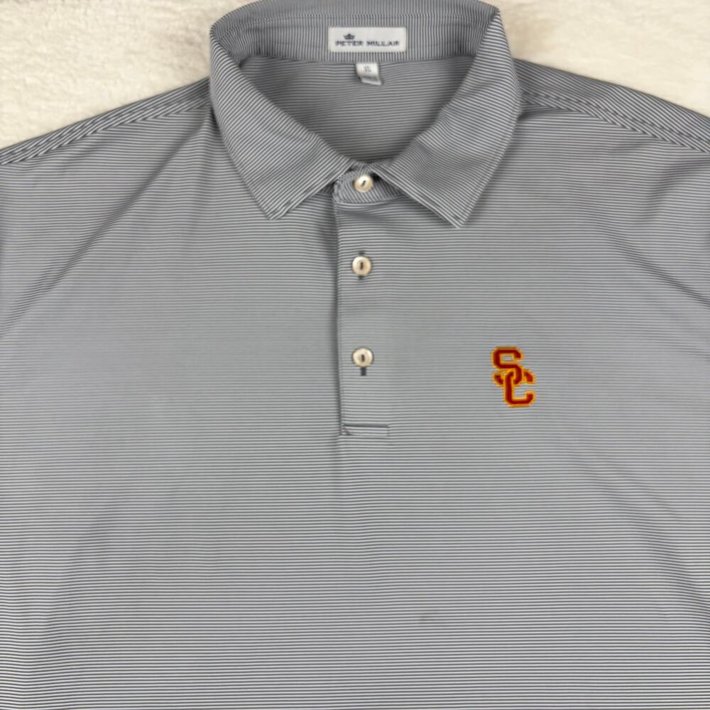 Peter Millar USC Trojans Men’s XL Striped Performance Golf Polo Gray Stretch